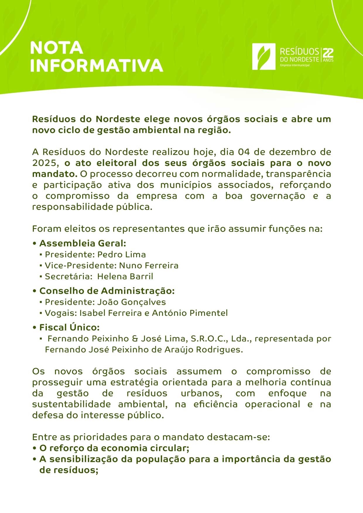 Resíduos do Nordeste elege novos órgãos sociais e abre um novo ciclo de gestão ambiental na região.