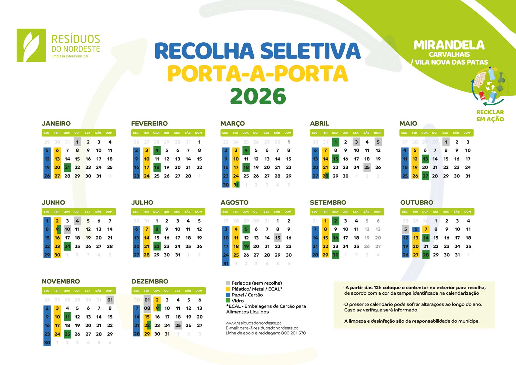 Residuos do Nordeste_CALENDARIO-2026-Recolha-Seletiva-Porta a Porta
