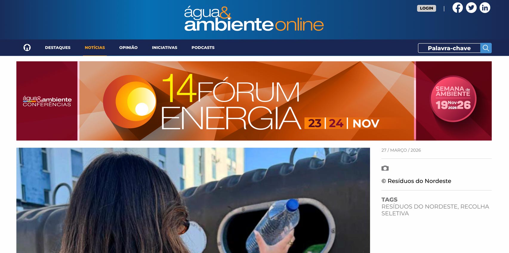 Recolha seletiva de resíduos cresce cerca de 7% em 2025 na área da Resíduos do Nordeste